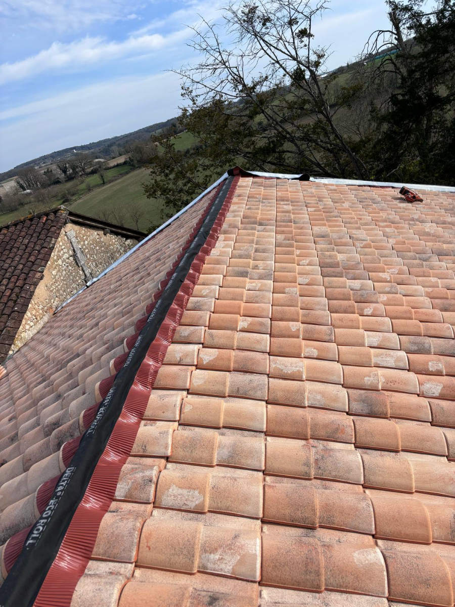 Toiture complète, tuiles, closoir, faîtage, bandeaux et gouttières 